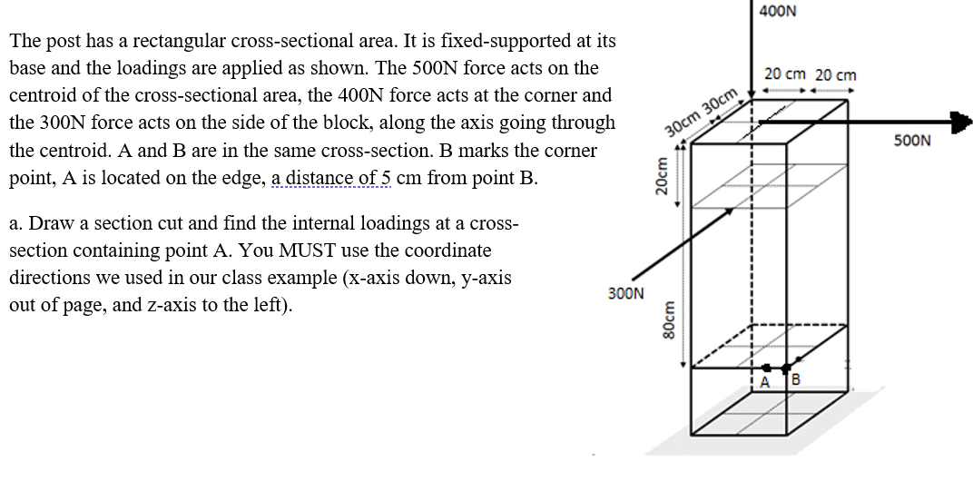 The post has a rectangular cross-sectional area. It is fixed-supported at its
base and the loadings are applied as shown. The 500N force acts on the
centroid of the cross-sectional area, the 400N force acts at the corner and
the 300N force acts on the side of the block, along the axis going through
the centroid. A and B are in the same cross-section. B marks the corner
point, A is located on the edge, a distance of 5 cm from point B.
a. Draw a section cut and find the internal loadings at a cross-
section containing point A. You MUST use the coordinate
directions we used in our class example (x-axis down, y-axis
out of page, and z-axis to the left).
300N
30cm 30cm
20cm
80cm
400N
20 cm 20 cm
A
500N
