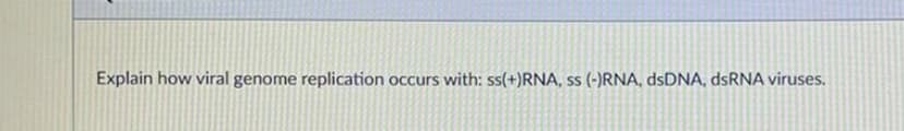 Explain how viral genome replication occurs with: ss(+)RNA, ss (-)RNA, dsDNA, dsRNA viruses.
