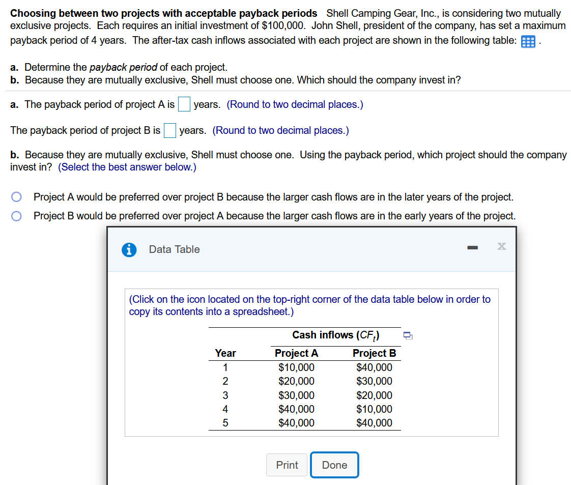 Choosing between two projects with acceptable payback periods Shell Camping Gear, Inc., is considering two mutually
exclusive projects. Each requires an initial investment of $100,000. John Shell, president of the company, has set a maximum
payback period of 4 years. The after-tax cash inflows associated with each project are shown in the following table:
a. Determine the payback period of each project.
b. Because they are mutually exclusive, Shell must choose one. Which should the company invest in?
a. The payback period of project A is
years. (Round to two decimal places.)
The payback period of project B is
years. (Round to two decimal places.)
b. Because they are mutually exclusive, Shell must choose one. Using the payback period, which project should the company
invest in? (Select the best answer below.)
Project A would be preferred over project B because the larger cash flows are in the later years of the project.
Project B would be preferred over project A because the larger cash flows are in the early years of the project.
Data Table
(Click on the icon located on the top-right corner of the data table below in order to
copy its contents into a spreadsheet.)
Cash inflows (CF,)
Project B
$40,000
$30,000
Year
Project A
$10,000
$20,000
$30,000
$40,000
$40,000
1
2
$20,000
$10,000
$40,000
3
4
Print
Done
