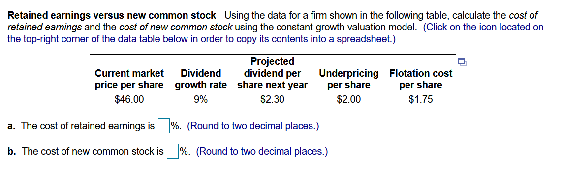 Retained earnings versus new common stock Using the data for a firm shown in the following table, calculate the cost of
retained earnings and the cost of new common stock using the constant-growth valuation model. (Click on the icon located on
the top-right corner of the data table below in order to copy its contents into a spreadsheet.)
Projected
dividend per
price per share growth rate share next year
Underpricing Flotation cost
per share
$2.00
Current market
Dividend
per share
$1.75
$46.00
9%
$2.30
a. The cost of retained earnings is
%. (Round to two decimal places.)
b. The cost of new common stock is
%. (Round to two decimal places.)
