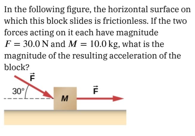 In the following figure, the horizontal surface on
which this block slides is frictionless. If the two
forces acting on it each have magnitude
F = 30.0 N and M = 10.0 kg, what is the
magnitude of the resulting acceleration of the
block?
30°
M

