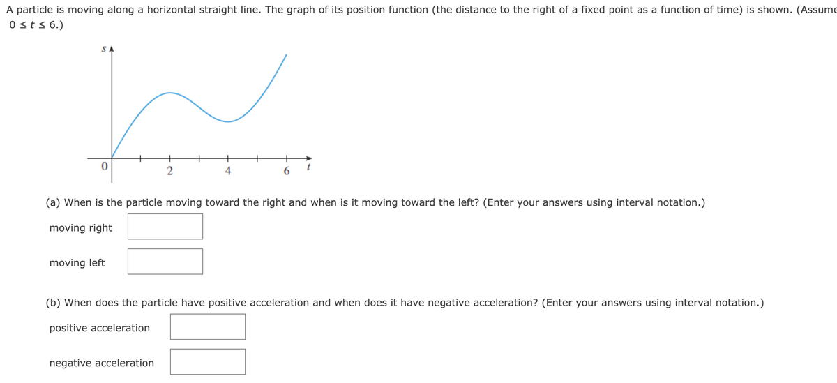 A particle is moving along a horizontal straight line. The graph of its position function (the distance to the right of a fixed point as a function of time) is shown. (Assume
0 <t < 6.)
SA
2
4
6
(a) When is the particle moving toward the right and when is it moving toward the left? (Enter your answers using interval notation.)
moving right
moving left
(b) When does the particle have positive acceleration and when does it have negative acceleration? (Enter your answers using interval notation.)
positive acceleration
negative acceleration
