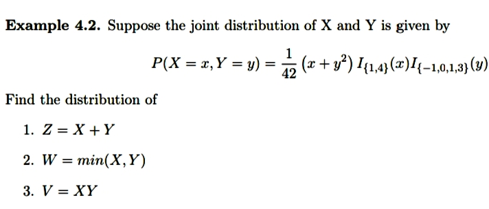 Example 4.2. Suppose the joint distribution of X and Y is given by
1
P(X = x,Y = y) = (x + y³) I{1,4}(x)I{-1,0,1,3} (3)
:
Find the distribution of
1. Z = X +Y
2. W = min(X,Y)
3. V 3 XҮ
