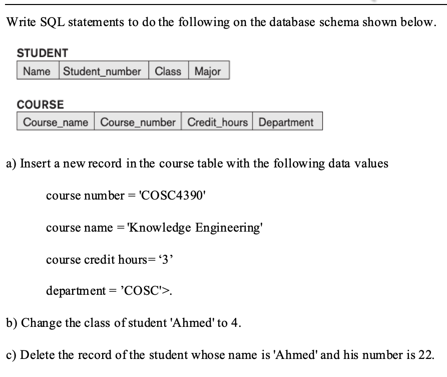 Write SQL statements to do the following on the database schema shown below.
STUDENT
Name Student_number Class Major
COURSE
Course_name Course_number Credit_hours Department
a) Insert a new record in the course table with the following data values
course number = 'COSC4390'
course name = 'Knowledge Engineering'
course credit hours= '3'
department = 'COSC'>.
b) Change the class of student 'Ahmed' to 4.
c) Delete the record of the student whose name is 'Ahmed' and his number is 22.