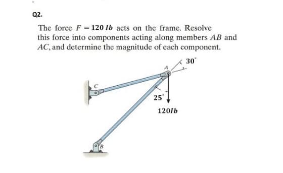 Q2.
The force F = 120 Ib acts on the frame. Resolve
this force into components acting along members AB and
AC, and determine the magnitude of each component.
30
25
징
120/b
