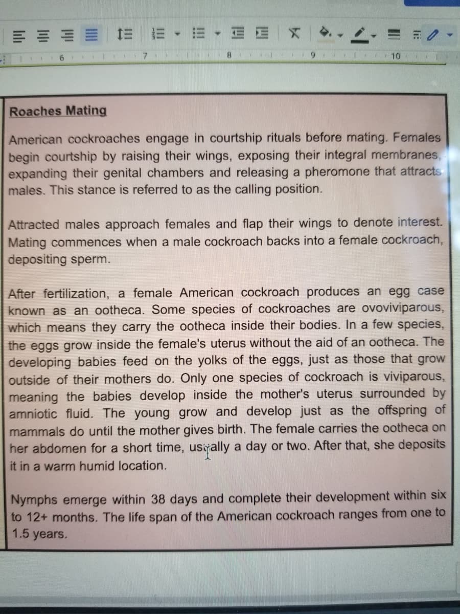 三 =
4.
7.
10
Roaches Mating
American cockroaches engage in courtship rituals before mating. Females
begin courtship by raising their wings, exposing their integral membranes,
expanding their genital chambers and releasing a pheromone that attracts
males. This stance is referred to as the calling position.
Attracted males approach females and flap their wings to denote interest.
Mating commences when a male cockroach backs into a female cockroach,
depositing sperm.
After fertilization, a female American cockroach produces an egg case
known as an ootheca. Some species of cockroaches are ovoviviparous,
which means they carry the ootheca inside their bodies. In a few species,
the eggs grow inside the female's uterus without the aid of an ootheca. The
developing babies feed on the yolks of the eggs, just as those that grow
outside of their mothers do. Only one species of cockroach is viviparous,
meaning the babies develop inside the mother's uterus surrounded by
amniotic fluid. The young grow and develop just as the offspring of
mammals do until the mother gives birth. The female carries the ootheca on
her abdomen for a short time, usyally a day or two. After that, she deposits
it in a warm humid location.
Nymphs emerge within 38 days and complete their development within six
to 12+ months. The life span of the American cockroach ranges from one to
1.5 years.
!!
三
