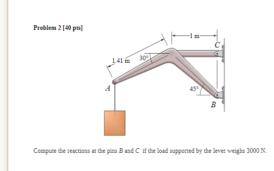 Problem 2 [40 pts]
-1 m-
1.41 m
30°
A
45°
B
Compute the reactions at the pins B and C if the load supported by the lever weighs 3000 N.
