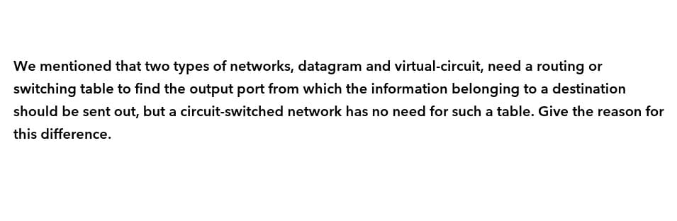 We mentioned that two types of networks, datagram and virtual-circuit, need a routing or
switching table to find the output port from which the information belonging to a destination
should be sent out, but a circuit-switched network has no need for such a table. Give the reason for
this difference.
