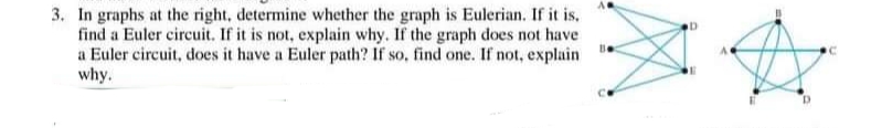 3. In graphs at the right, determine whether the graph is Eulerian. If it is,
find a Euler circuit. If it is not, explain why. If the graph does not have
a Euler circuit, does it have a Euler path? If so, find one. If not, explain
why.
