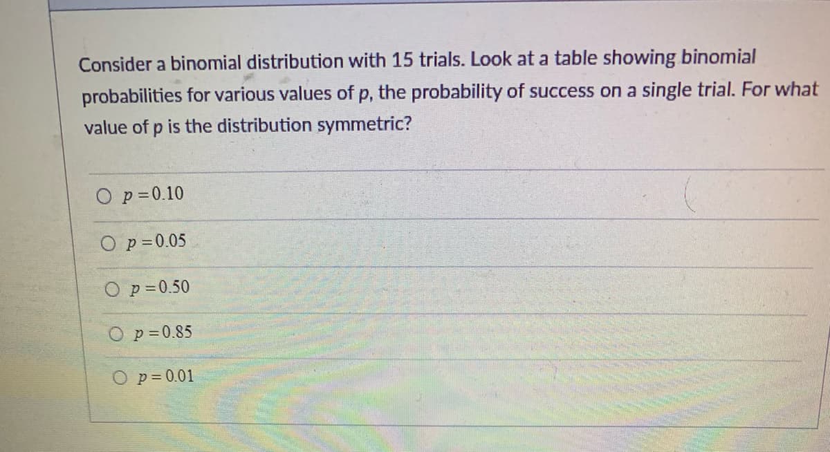 Consider a binomial distribution with 15 trials. Look at a table showing binomial
probabilities for various values of p, the probability of success on a single trial. For what
value of p is the distribution symmetric?
O p = 0.10
O p = 0.05
O p=0.50
O p=0.85
O p=0.01