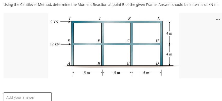 Using the Cantilever Method, determine the Moment Reaction at point B of the given Frame. Answer should be in terms of kN-m.
Add your answer
9 kN
12 kN-
E
A
-5m-
J
B
+
-5 m
K
G
с
+
5 m
L
H
D
4m
4 m