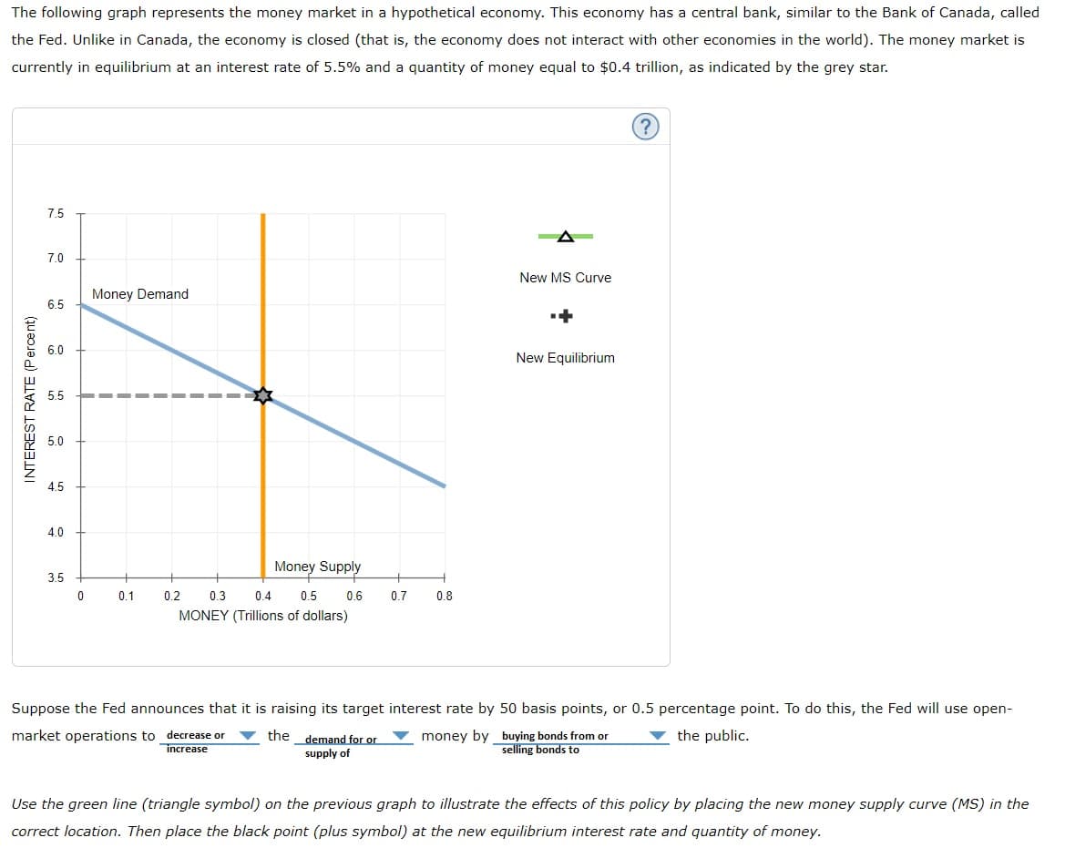 The following graph represents the money market in a hypothetical economy. This economy has a central bank, similar to the Bank of Canada, called
the Fed. Unlike in Canada, the economy is closed (that is, the economy does not interact with other economies in the world). The money market is
currently in equilibrium at an interest rate of 5.5% and a quantity of money equal to $0.4 trillion, as indicated by the grey star.
INTEREST RATE (Percent)
7.5
7.0
6.5
6.0
5.5
5.0
4.5
4.0
3.5
0
Money Demand
0.1
0.2
Money Supply
0.3
0.4
0.5
MONEY (Trillions of dollars)
0.6
0.7
demand for or
supply of
0.8
New MS Curve
New Equilibrium
?)
Suppose the Fed announces that it is raising its target interest rate by 50 basis points, or 0.5 percentage point. To do this, the Fed will use open-
market operations to decrease or the
money by
buying bonds from or
selling bonds to
the public.
increase
Use the green line (triangle symbol) on the previous graph to illustrate the effects of this policy by placing the new money supply curve (MS) in the
correct location. Then place the black point (plus symbol) at the new equilibrium interest rate and quantity of money.