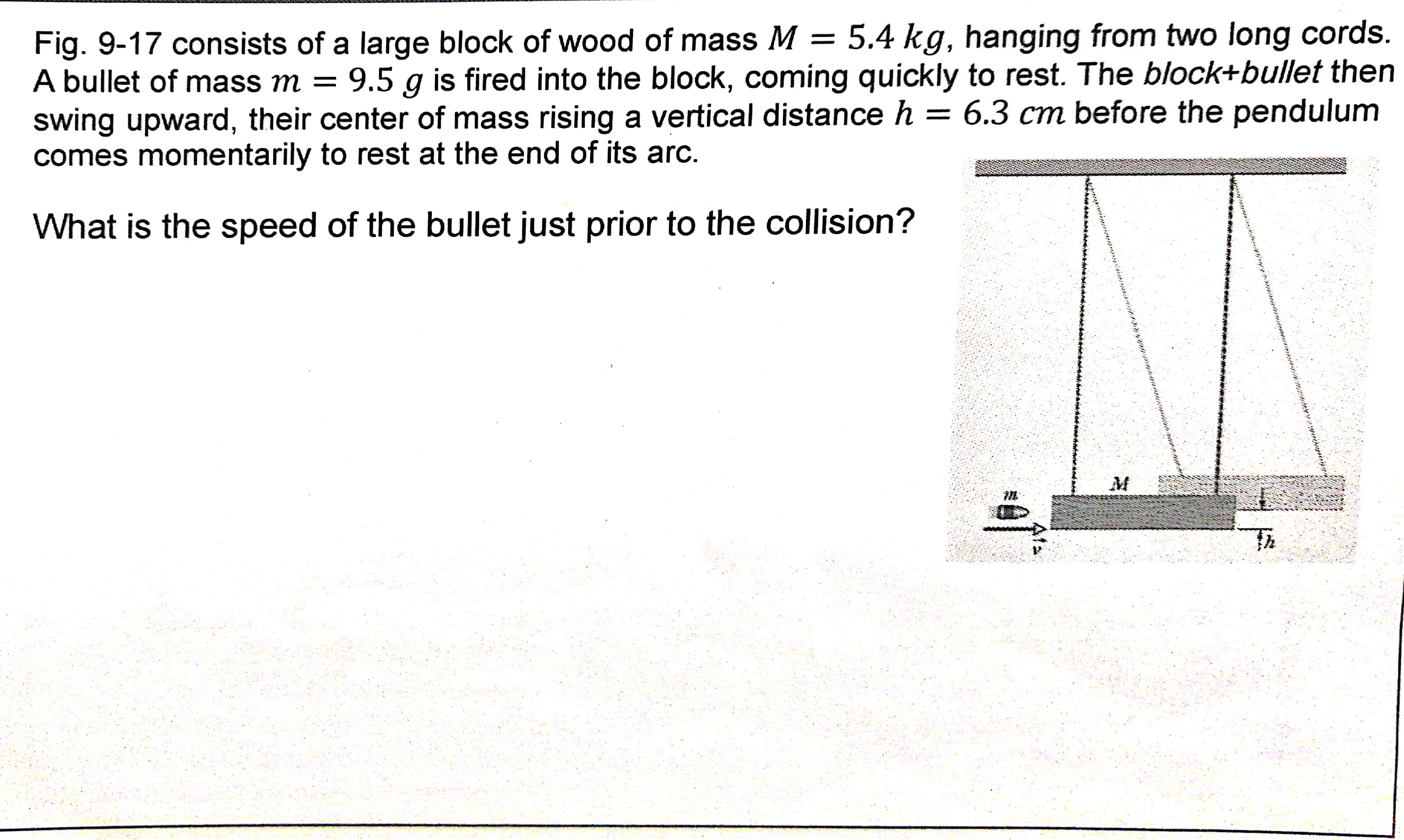 Fig. 9-17 consists of a large block of wood of mass M = 5.4 kg, hanging from two long cords.
A bullet of mass m = 9.5 g is fired into the block, coming quickly to rest. The block+bullet then
swing upward, their center of mass rising a vertical distance h = 6.3 cm before the pendulum
comes momentarily to rest at the end of its arc.
What is the speed of the bullet just prior to the collision?
