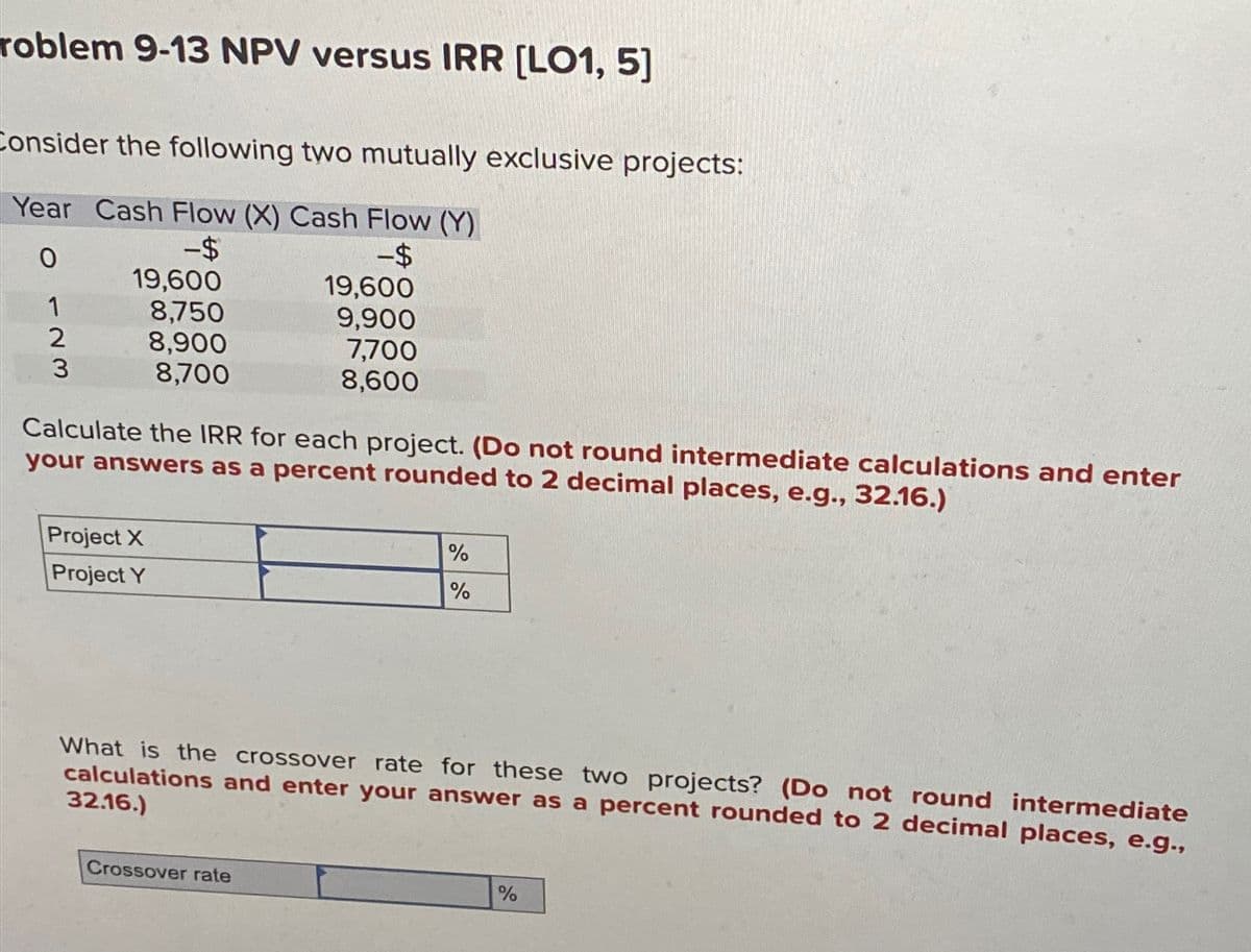 roblem 9-13 NPV versus IRR [LO1, 5]
Consider the following two mutually exclusive projects:
Year Cash Flow (X) Cash Flow (Y)
-$
-$
0
1
2
3
19,600
8,750
8,900
8,700
Calculate the IRR for each project. (Do not round intermediate calculations and enter
your answers as a percent rounded to 2 decimal places, e.g., 32.16.)
Project X
Project Y
19,600
9,900
7,700
8,600
Crossover rate
%
%
What is the crossover rate for these two projects? (Do not round intermediate
calculations and enter your answer as a percent rounded to 2 decimal places, e.g.,
32.16.)
%