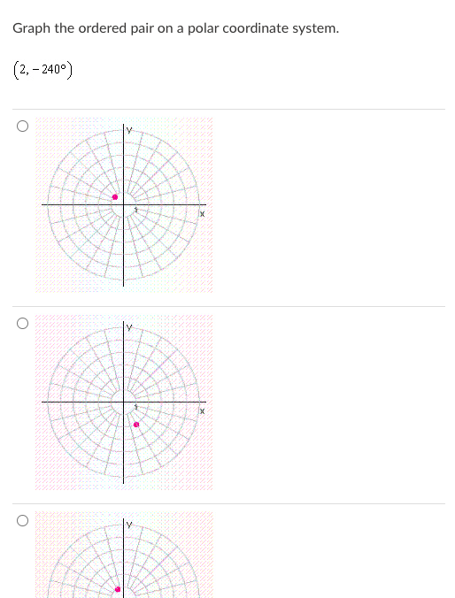 Graph the ordered pair on a polar coordinate system.
(2, – 240°)
