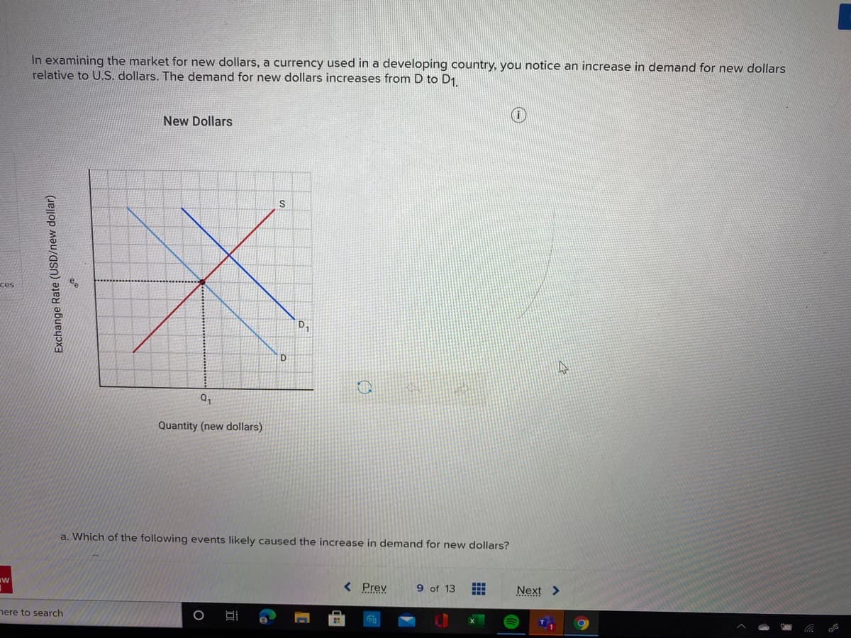 In examining the market for new dollars, a currency used in a developing country, you notice an increase in demand for new dollars
relative to U.S. dollars. The demand for new dollars increases from D to D1
New Dollars
S
ces
D,
Q1
Quantity (new dollars)
a. Which of the following events likely caused the increase in demand for new dollars?
< Prev
9 of 13
Next >
nere to search
Exchange Rate (USD/new dollar)
出
