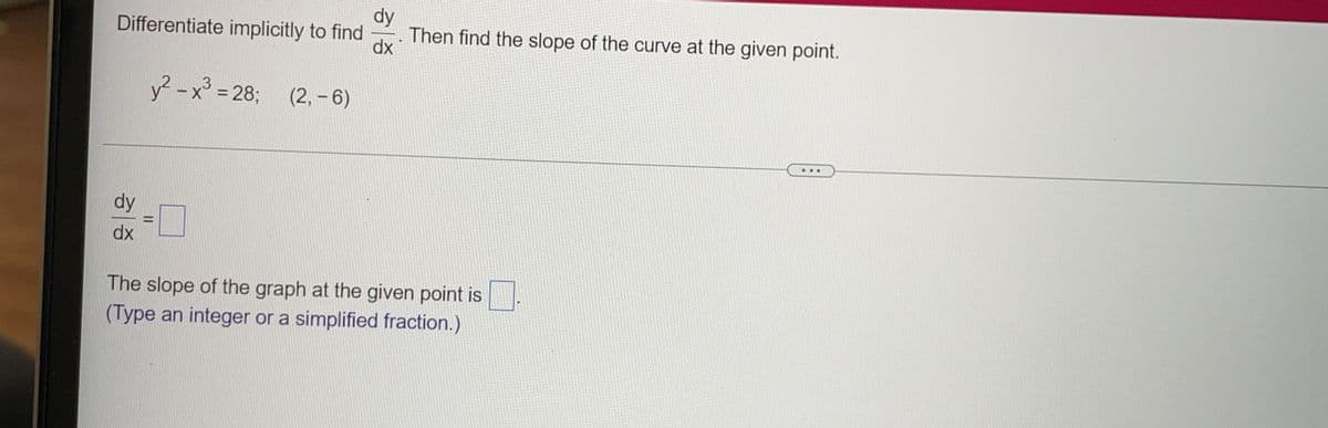 dy
Then find the slope of the curve at the given point.
Differentiate implicitly to find
dx
y? -x° = 283;
B
(2, – 6)
dy
dx
The slope of the graph at the given point is
(Type an integer or a simplified fraction.)
