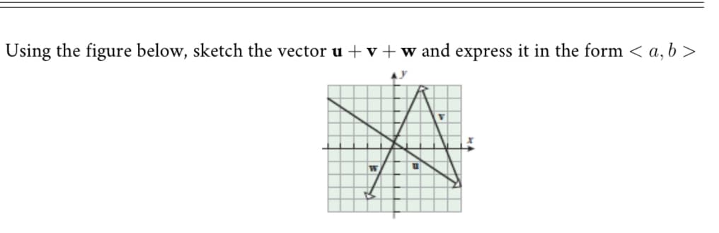 Using the figure below, sketch the vector u +v+wand express it in the form < a, b >
