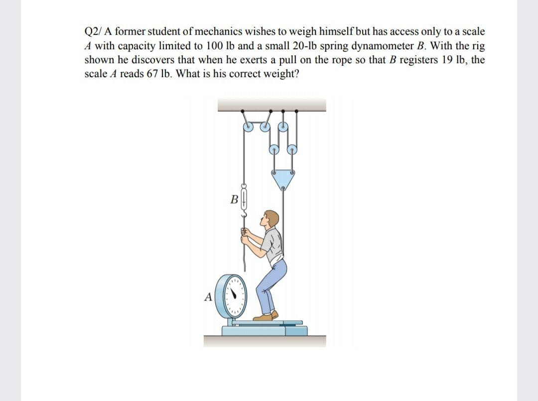 Q2/ A former student of mechanics wishes to weigh himself but has access only to a scale
A with capacity limited to 100 I
shown he discovers that when he exerts a pull on the rope so that B registers 19 lb, the
scale A reads 67 lb. What is his correct weight?
and a small 20-lb spring dynamometer B. With the rig
В
