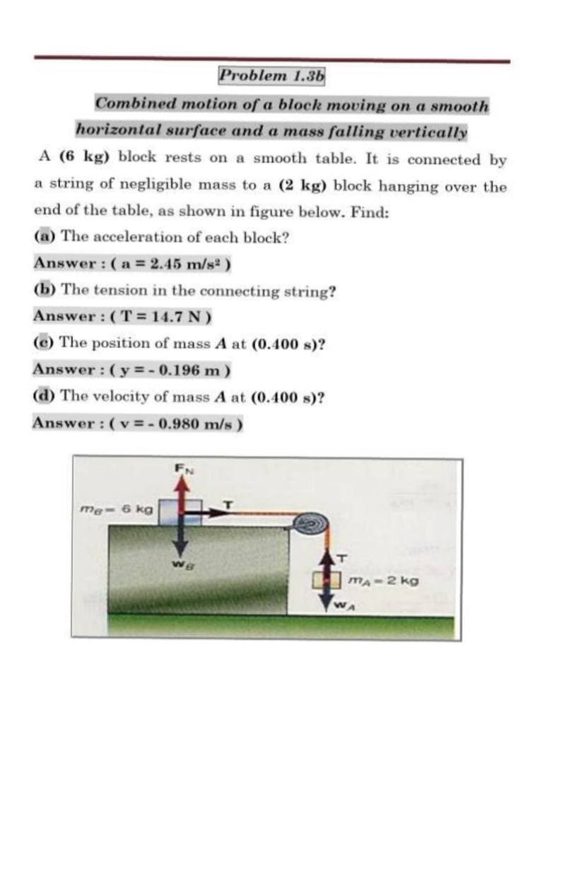 Problem 1.3b
Combined motion of a block moving on a smooth
horizontal surface and a mass falling vertically
A (6 kg) block rests on a smooth table. It is connected by
a string of negligible mass to a (2 kg) block hanging over the
end of the table, as shown in figure below. Find:
(a) The acceleration of each block?
Answer : (a = 2.45 m/s# )
(b) The tension in the connecting string?
Answer : ( T = 14.7 N )
(c) The position of mass A at (0.400 s)?
Answer : (y = - 0.196 m )
(d) The velocity of mass A at (0.400 s)?
Answer : (v = - 0.980 m/s )
me- 6 kg
MA-2 kg
