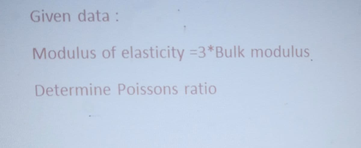 Given data:
Modulus of elasticity =3*Bulk modulus
Determine Poissons ratio
