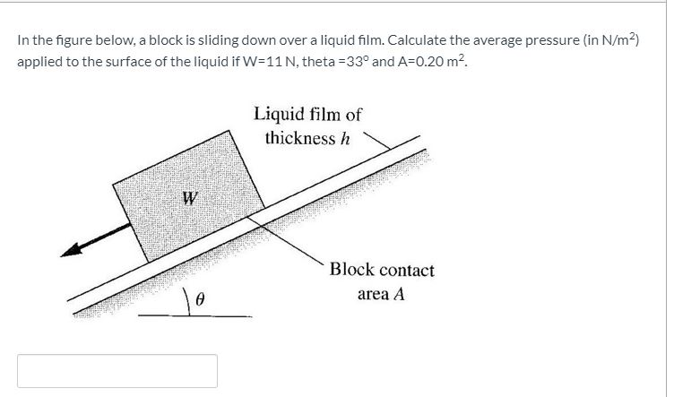 In the figure below, a block is sliding down over a liquid film. Calculate the average pressure (in N/m2)
applied to the surface of the liquid if W=11 N, theta =33° and A=0.20 m?.
Liquid film of
thickness h
W
Block contact
area A
