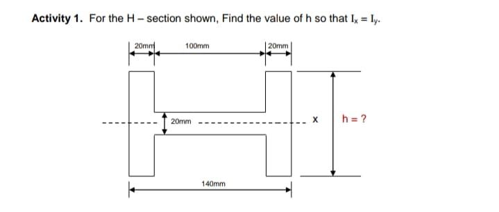 Activity 1. For the H– section shown, Find the value of h so that Ix = Iy.
20mm
100mm
| 20mm
h = ?
20mm
140mm
