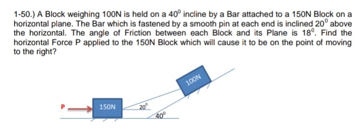 1-50.) A Block weighing 100N is held on a 40° incline by a Bar attached to a 150N Block on a
horizontal plane. The Bar which is fastened by a smooth pin at each end is inclined 20° above
the horizontal. The angle of Friction between each Block and its Plane is 18°. Find the
horizontal Force P applied to the 150N Block which will cause it to be on the point of moving
to the right?
100N
150N
20°
40°
