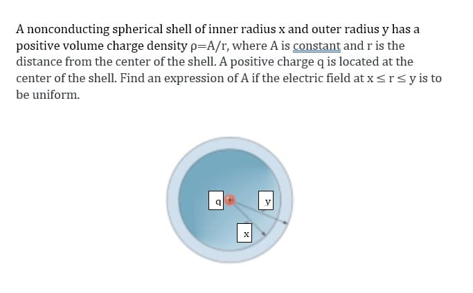 A nonconducting spherical shell of inner radius x and outer radius y has a
positive volume charge density p=A/r, where A is constant and r is the
distance from the center of the shell. A positive charge q is located at the
center of the shell. Find an expression of A if the electric field at x <rsy is to
be uniform.
