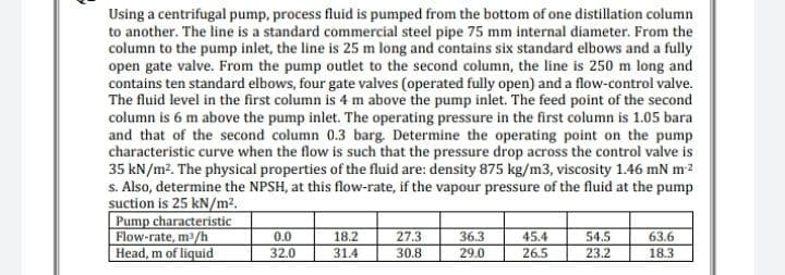 Using a centrifugal pump, process fluid is pumped from the bottom of one distillation column
to another. The line is a standard commercial steel pipe 75 mm internal diameter. From the
column to the pump inlet, the line is 25 m long and contains six standard elbows and a fully
open gate valve. From the pump outlet to the second column, the line is 250 m long and
contains ten standard elbows, four gate valves (operated fully open) and a flow-control valve.
The fluid level in the first column is 4 m above the pump inlet. The feed point of the second
column is 6 m above the pump inlet. The operating pressure in the first column is 1.05 bara
and that of the second column 0.3 barg. Determine the operating point on the pump
characteristic curve when the flow is such that the pressure drop across the control valve is
35 kN/m?. The physical properties of the fluid are: density 875 kg/m3, viscosity 1.46 mN m2
s. Also, determine the NPSH, at this flow-rate, if the vapour pressure of the fluid at the pump
suction is 25 kN/m2.
Pump characteristic
Flow-rate, m3/h
Head, m of liquid
27.3
36.3
29.0
0.0
18.2
45.4
54.5
63.6
32.0
31.4
30.8
26.5
23.2
18.3
