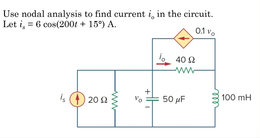 Use nodal analysis to find current i, in the circuit.
Let is = 6 cos(200t + 15°) A.
0.1 vo
is (4) 20 Ω
Vo
+
Το 40Ω
www
50 μF
100 mH
