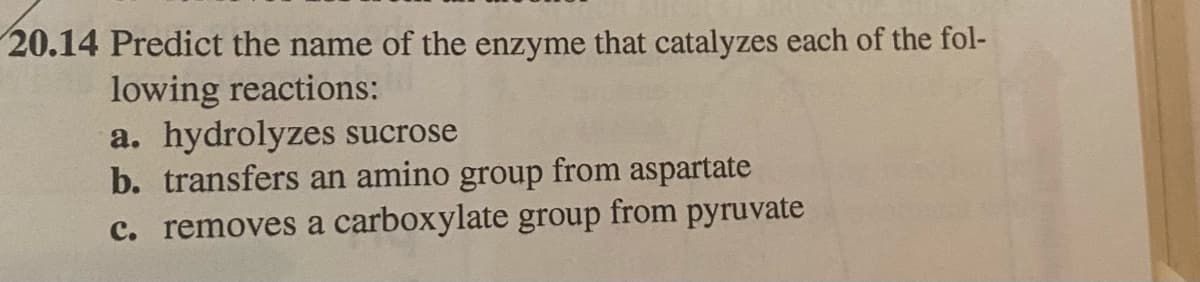 20.14 Predict the name of the enzyme that catalyzes each of the fol-
lowing reactions:
a. hydrolyzes sucrose
b. transfers an amino group from aspartate
c. removes a carboxylate group from pyruvate
