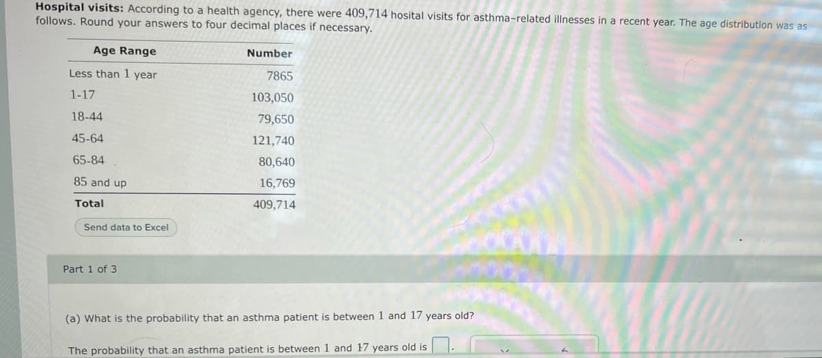 Hospital visits: According to a health agency, there were 409,714 hosital visits for asthma-related illnesses in a recent year. The age distribution was as
follows. Round your answers to four decimal places if necessary.
Age Range
Number
Less than 1 year
7865
1-17
103,050
18-44
79,650
45-64
121,740
65-84
80,640
85 and up
16,769
Total
409,714
Send data to Excel
Part 1 of 3
(a) What is the probability that an asthma patient is
etween 1 and 17 years old?
The probability that an asthma patient is between 1 and 17 years old is
