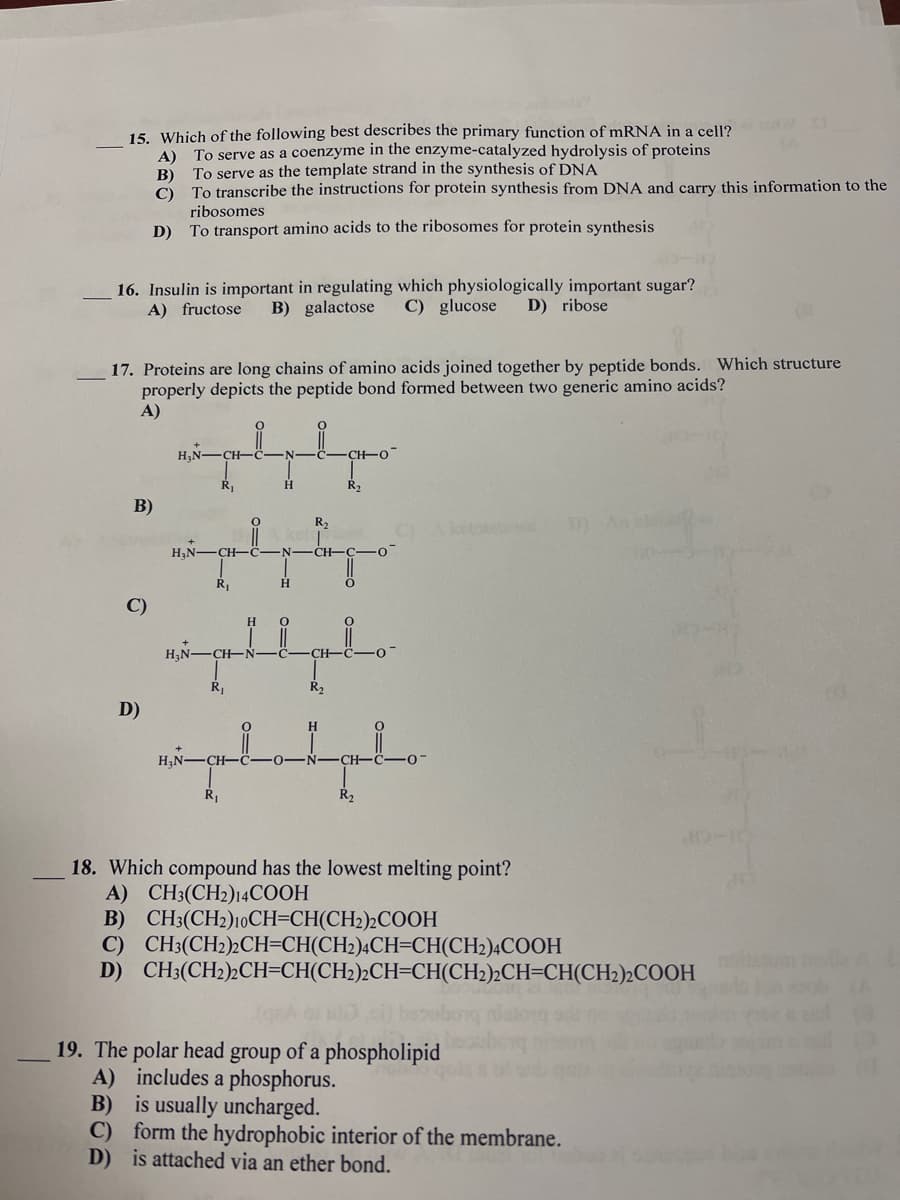 15. Which of the following best describes the primary function of mRNA in a cell?
A) To serve as a coenzyme in the enzyme-catalyzed hydrolysis of proteins
B) To serve as the template strand in the synthesis of DNA
To transcribe the instructions for protein synthesis from DNA and carry this information to the
C)
ribosomes
D) To transport amino acids to the ribosomes for protein synthesis
16. Insulin is important in regulating which physiologically important sugar?
A) fructose
B) galactose
C) glucose
D) ribose
17. Proteins are long chains of amino acids joined together by peptide bonds. Which structure
properly depicts the peptide bond formed between two generic amino acids?
A)
H,N
CH-
R2
B)
R2
ketotete
H,N-CH-
N -CH-C-O
R
H.
C)
H,N-
CH-N
CH-
R,
R2
D)
H
H,N-CH-C
CH-
R,
R2
18. Which compound has the lowest melting point?
A) CH3(CH2)14COOH
B) CH3(CH2)10CH=CH(CH2)2COOH
C) CH3(CH2)2CH=CH(CH2)4CH=CH(CH2)4COOH
D) CH3(CH2)½CH=CH(CH2)2CH=CH(CH2)2CH=CH(CH2)2COOH
19. The polar head group of a phospholipid
A) includes a phosphorus.
B) is usually uncharged.
C) form the hydrophobic interior of the membrane.
D) is attached via an ether bond.
