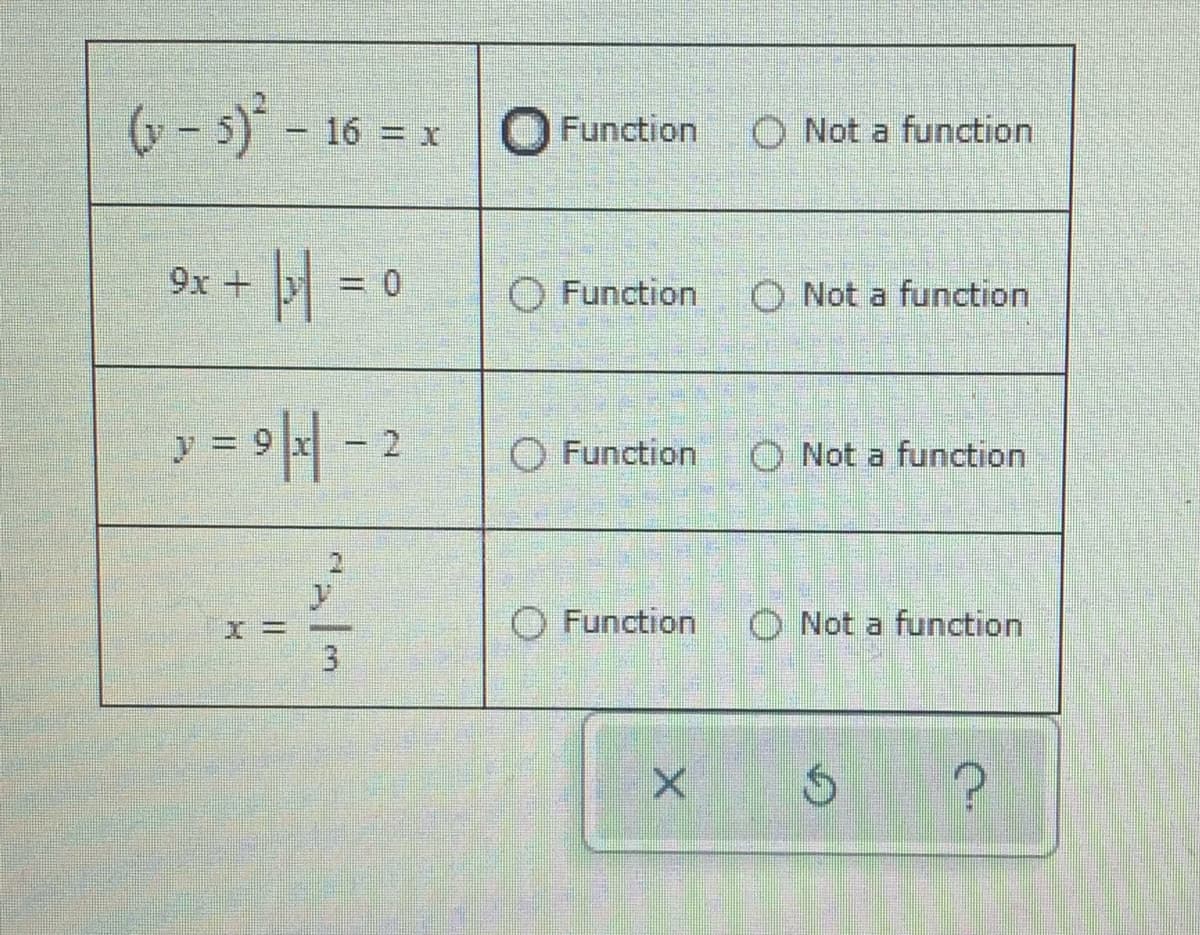 6 - s)* - 16
Function
O Not a function
9x +
3D0
O Function
O Not a function
- 2
O Function
O Not a function
O Function
O Not a function
3.

