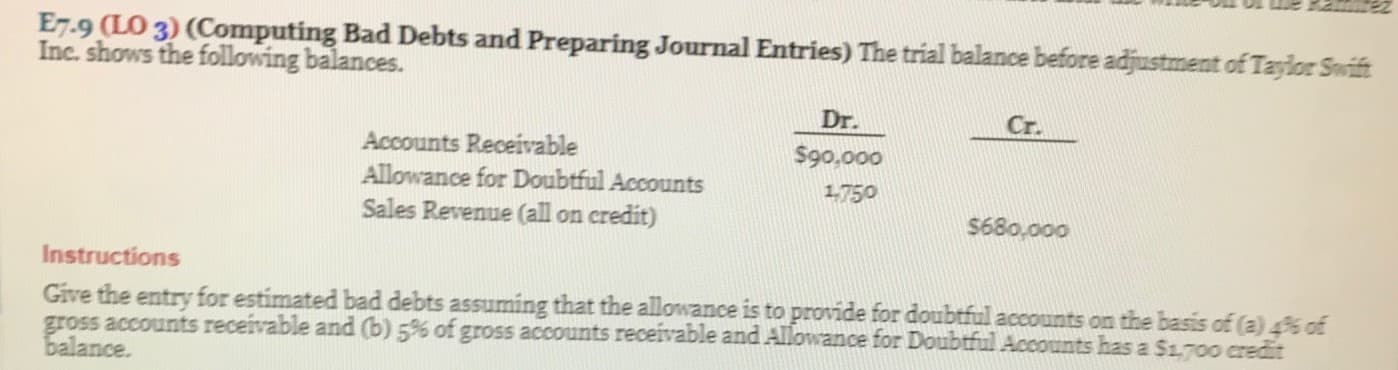 E7.9 (LO 3) (Computing Bad Debts and Preparing Journal Entries) The trial balance before adjustment of Taylor Swift
Inc. shows the following balances.
Dr.
Cr.
Accounts Receivable
Allowance for Doubtful Accounts
Sales Revenue (all on credit)
$90,000
1750
$680,000
Instructions
Give the entry for estimated bad debts assuming that the allowance is to provide for doubtful accounts on the basis of (a) 4 of
gross accounts receivable and (b) 5% of gross accounts receivable and Allowance for Doubtful Accounts has a $1.700 cred
balance.

