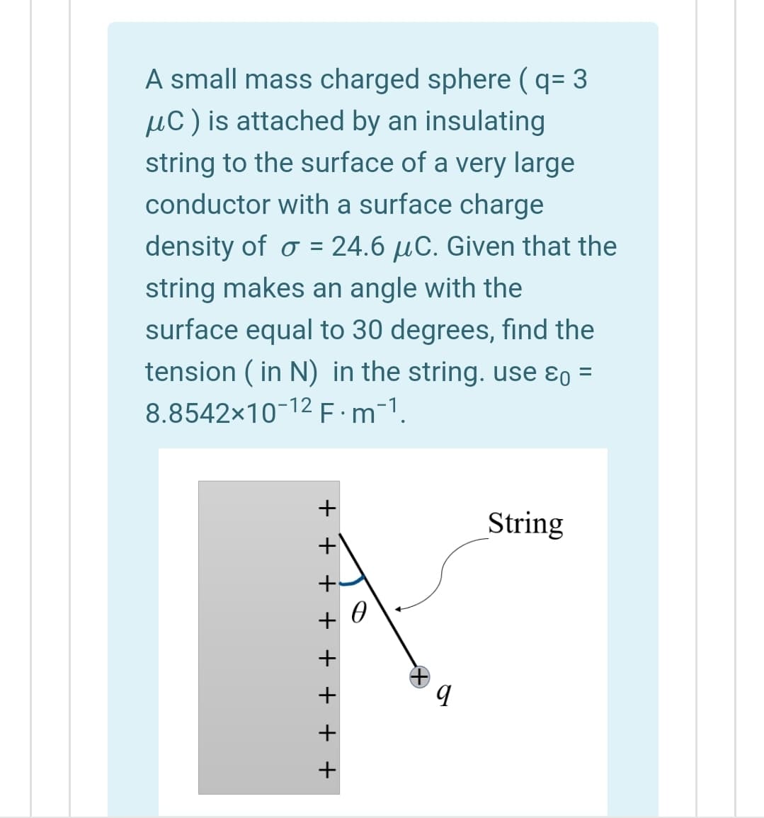 A small mass charged sphere ( q= 3
µC) is attached by an insulating
string to the surface of a very large
conductor with a surface charge
density of o = 24.6 µC. Given that the
string makes an angle with the
surface equal to 30 degrees, find the
tension ( in N) in the string. use ɛo =
8.8542×10-12 E:m-1.
String
+
+
