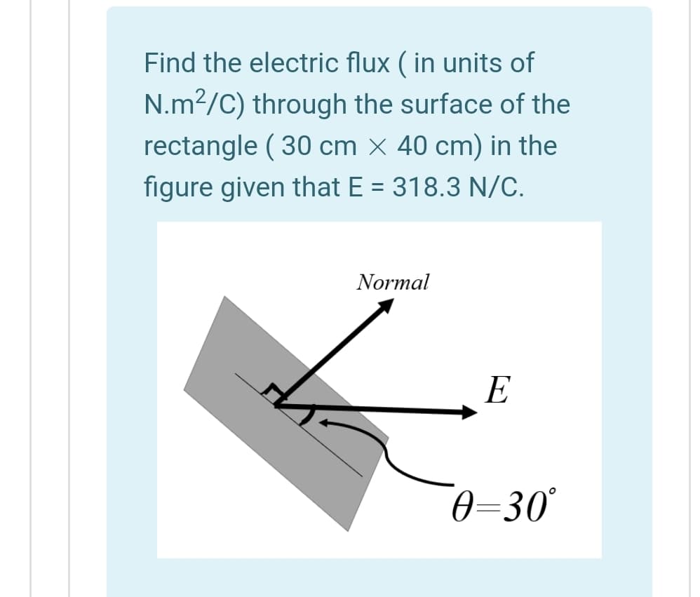 Find the electric flux ( in units of
N.m2/C) through the surface of the
rectangle ( 30 cm × 40 cm) in the
figure given that E = 318.3 N/C.
%3D
Normal
E
0=30°

