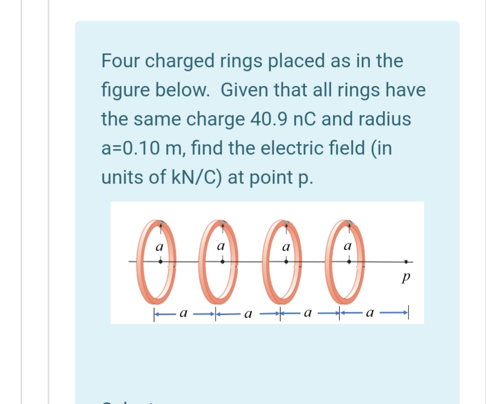 Four charged rings placed as in the
figure below. Given that all rings have
the same charge 40.9 nC and radius
a=0.10 m, find the electric field (in
units of kN/C) at point p.
000 0 .
Ea Ea Fa -
a
