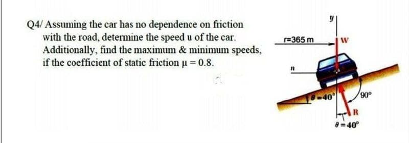 Q4/ Assuming the car has no dependence on friction
with the road, determine the speed u of the car.
Additionally, find the maximum & minimum speeds,
if the coefficient of static friction u 0.8.
r=365 m
-40
90°
8 = 40°
