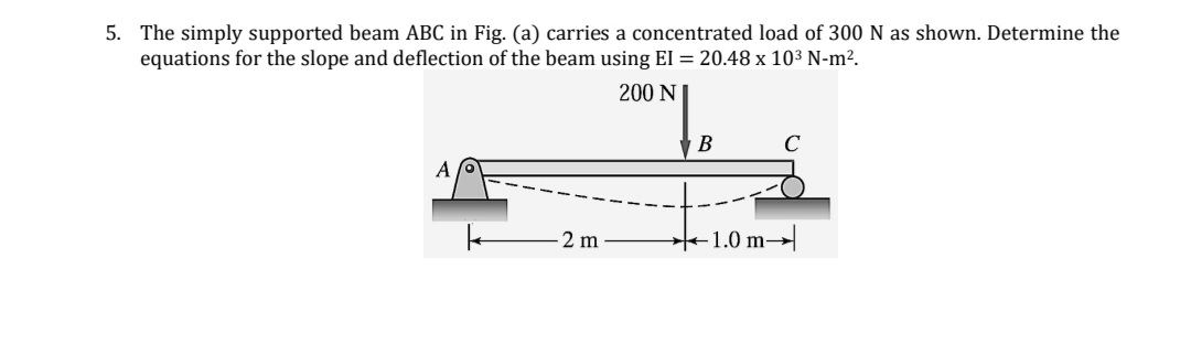 5. The simply supported beam ABC in Fig. (a) carries a concentrated load of 300 N as shown. Determine the
equations for the slope and deflection of the beam using EI= 20.48 x 10³ N-m².
200 N
В
C
A
2 m
t-1.0 m
