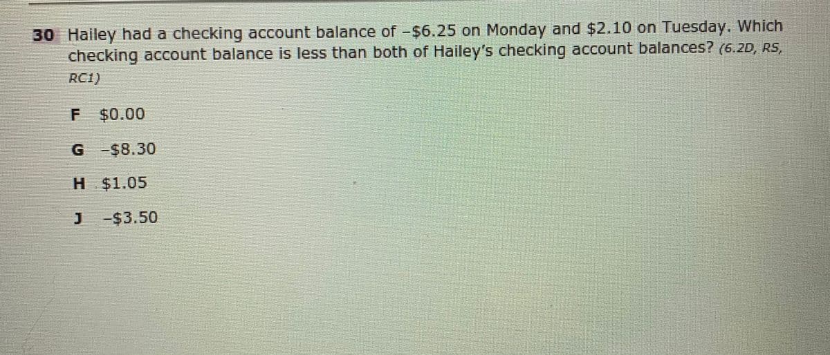 30 Hailey had a checking account balance of -$6.25 on Monday and $2.10 on Tuesday. Which
checking account balance is less than both of Hailey's checking account balances? (6.2D, RS,
RC1)
F $0.00
G -$8.30
H $1.05
-$3.50
