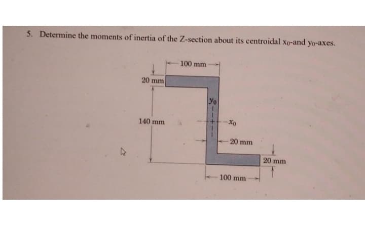 5. Determine the moments of inertia of the Z-section about its centroidal xo-and yo-axes.
4
20 mm
140 mm
100 mm
Yo
-Хо
20 mm
100 mm
20 mm
