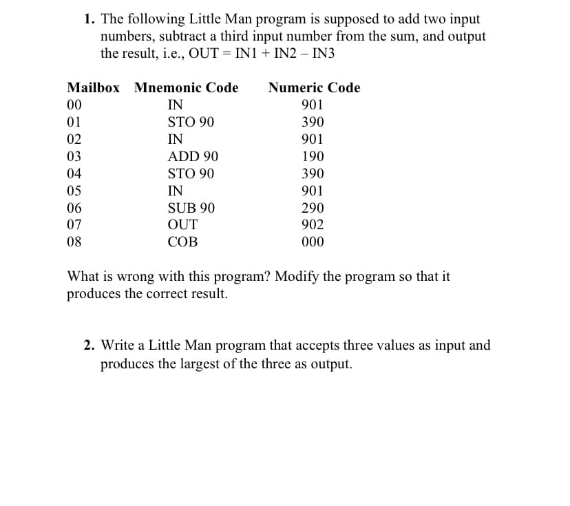 1. The following Little Man program is supposed to add two input
numbers, subtract a third input number from the sum, and output
the result, i.e., OUT = IN1 + IN2 – IN3
Mailbox Mnemonic Code
Numeric Code
00
IN
901
01
STO 90
390
02
IN
901
03
ADD 90
190
04
STO 90
390
05
IN
901
06
SUB 90
OUT
290
07
902
08
СОВ
000
What is wrong with this program? Modify the program so that it
produces the correct result.
2. Write a Little Man program that accepts three values as input and
produces the largest of the three as output.

