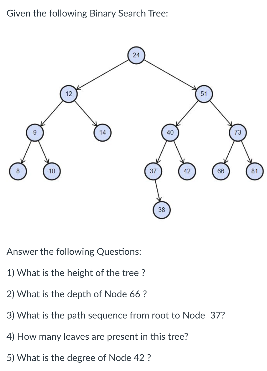 Given the following Binary Search Tree:
8
10
12
14
24
37
38
40
42
51
66
Answer the following Questions:
1) What is the height of the tree?
2) What is the depth of Node 66 ?
3) What is the path sequence from root to Node 37?
4) How many leaves are present in this tree?
5) What is the degree of Node 42 ?
73
81
