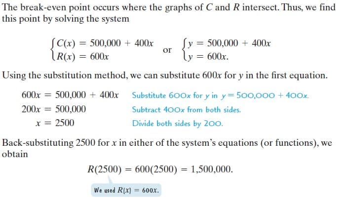 The break-even point occurs where the graphs of C and R intersect. Thus, we find
this point by solving the system
(x) = 500,000 + 400x
|R(x) = 600x
[y = 500,000 + 400x
or
ly = 600x.
Using the substitution method, we can substitute 600x for y in the first equation.
600x = 500,000 + 400x Substitute 600x for y in y= 500,000 + 400x.
200x
500,000
Subtract 400x from both sides.
x = 2500
Divide both sides by 200.
Back-substituting 2500 for x in either of the system's equations (or functions), we
obtain
R(2500) = 600(2500) = 1,500,000.
We used R[x) = 60ox.
