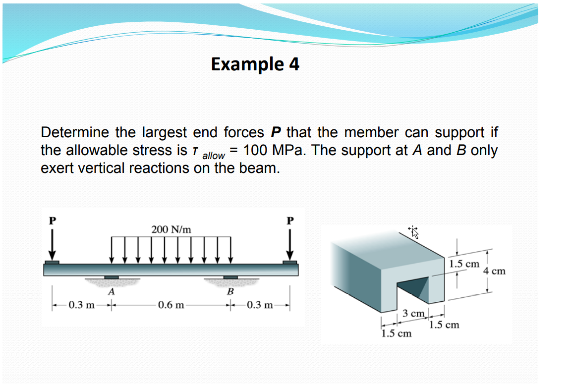 Example 4
Determine the largest end forces P that the member can support if
the allowable stress is T = 100 MPa. The support at A and B only
exert vertical reactions on the beam.
allow
P
P
200 N/m
1.5 cm
0.6 m-
-0.3 m-
B
0.3 m-
3 cm
1.5 cm
1.5 cm
4 cm