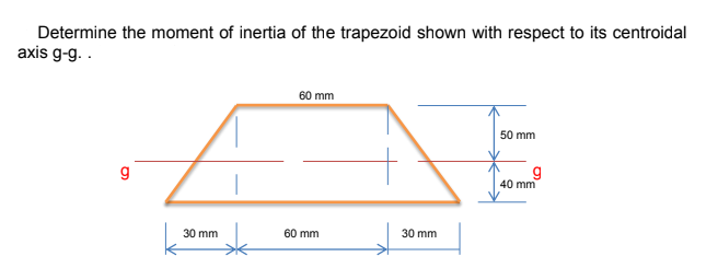 Determine the moment of inertia of the trapezoid shown with respect to its centroidal
axis g-g. .
60 mm
50 mm
g
40 mm
30 mm
60 mm
30 mm
