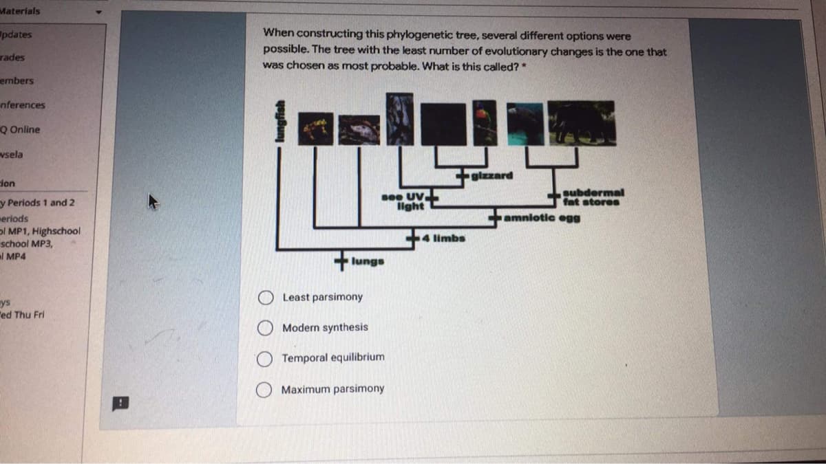 Materials
When constructing this phylogenetic tree, several different options were
possible. The tree with the least number of evolutionary changes is the one that
was chosen as most probable. What is this called?*
pdates
rades
embers
nferences
Q Online
vsela
gizzard
don
see UV
Ilght
subdermal
fat stores
y Periods 1 and 2
meriods
ol MP1, Highschool
school MP3,
l MP4
amniotic egg
4 limbs
+ lungs
Least parsimony
ys
"ed Thu Fri
Modern synthesis
Temporal equilibrium
Maximum parsimony
O O O O
lungfish
