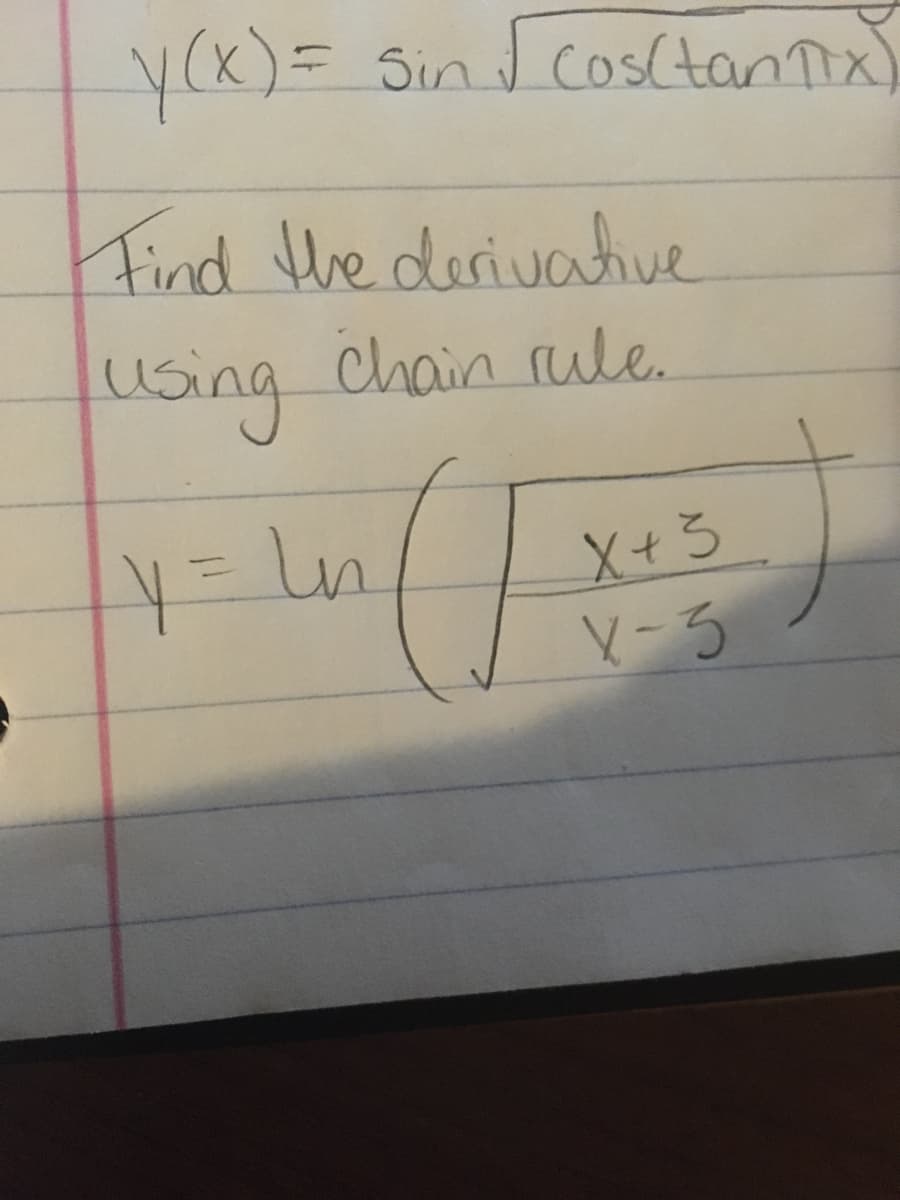 yCK)=
= Sin J Cos(tan Tix)
Find the derivatiue
using
using Chain rule.
Ln
X+3
